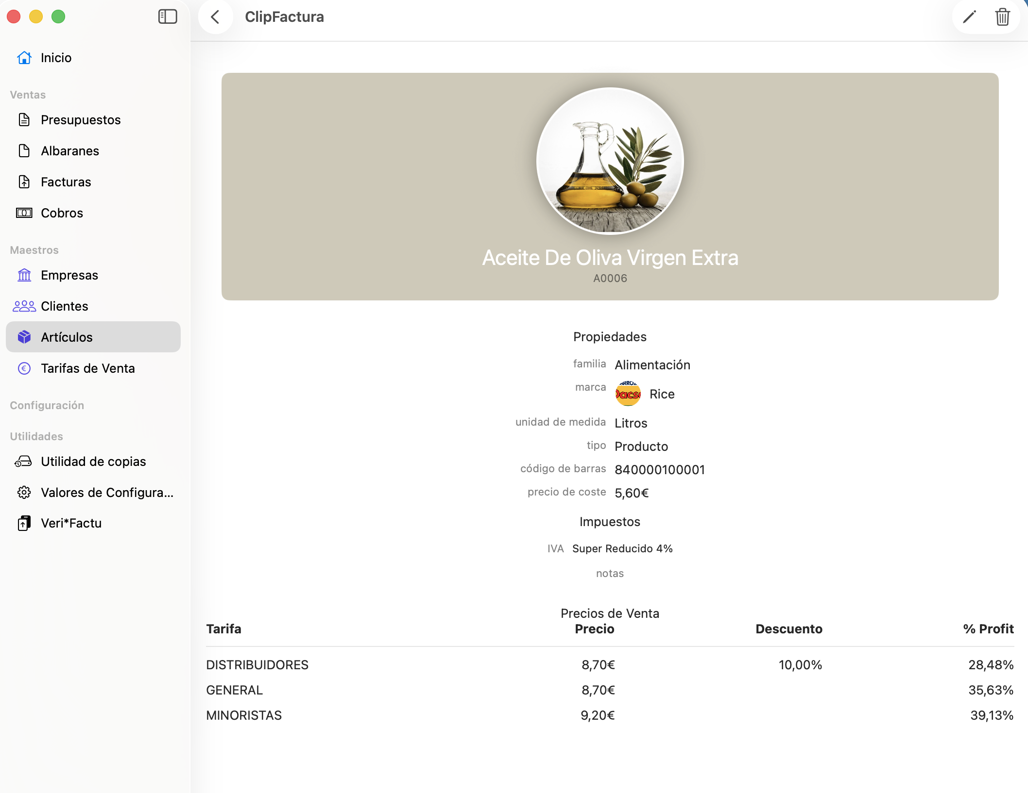Detalle de articulo con tarifas de venta en ClipFactura para Mac