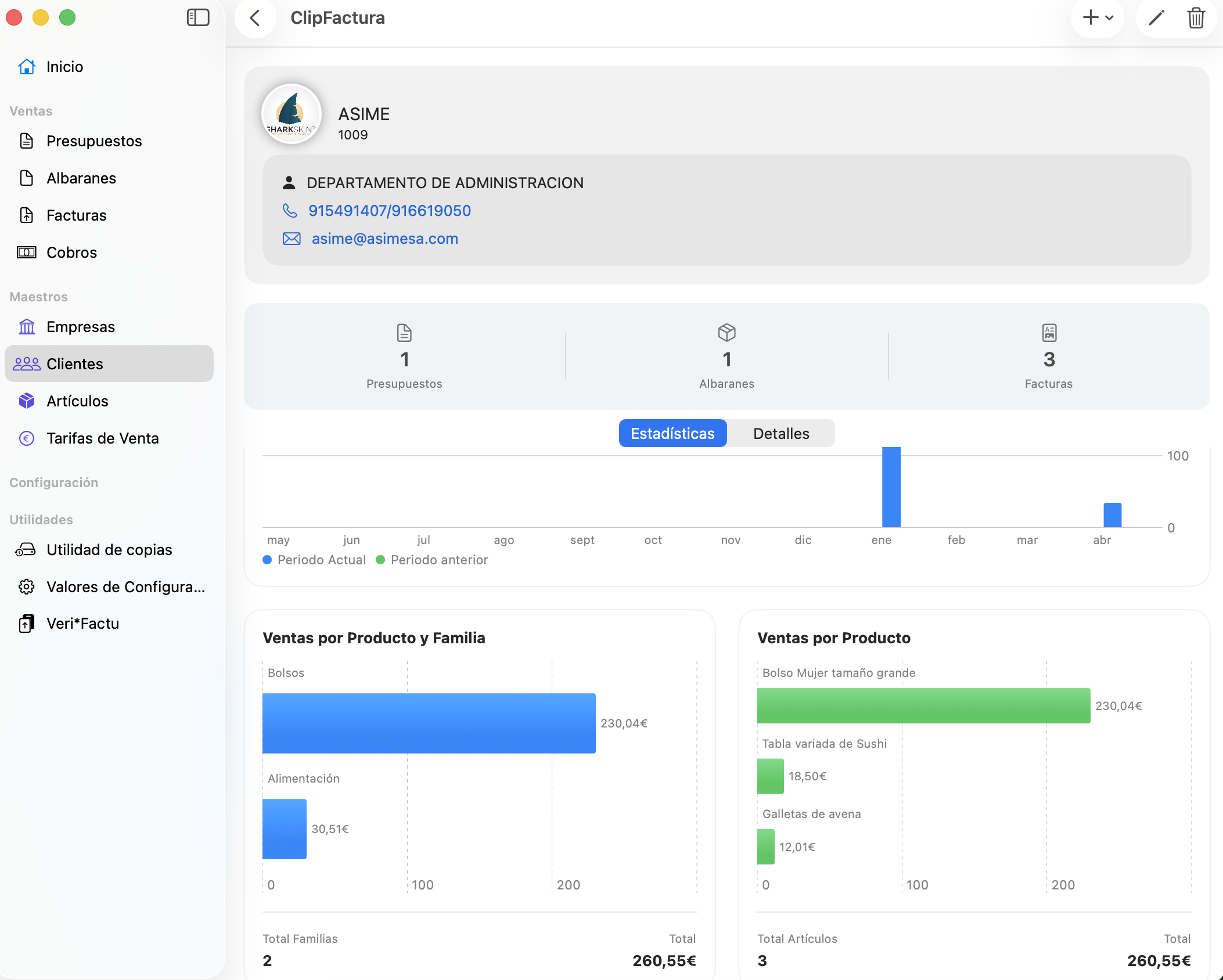 Ficha de cliente con estadisticas en ClipFactura para iPhone y Mac