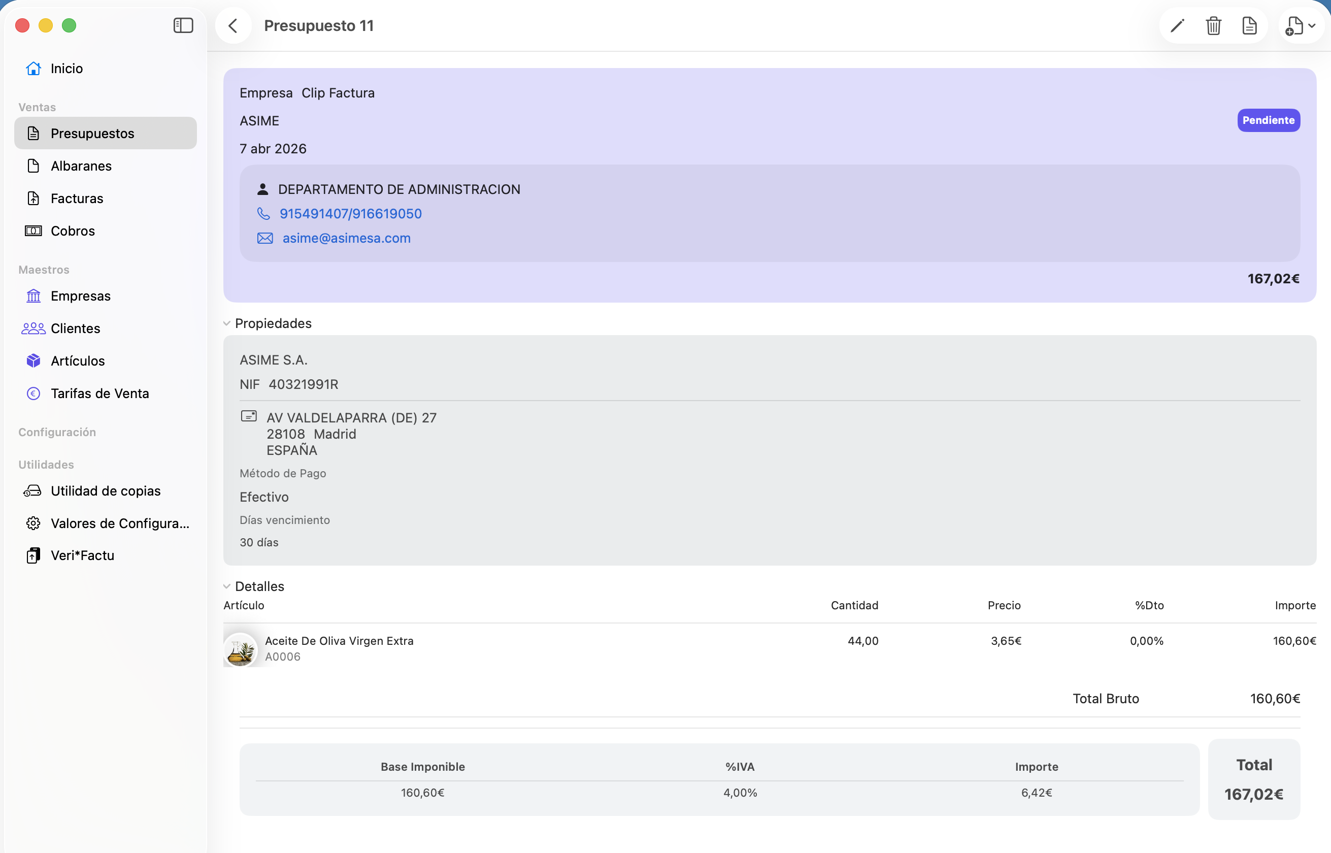 Detalle de presupuesto en ClipFactura para macOS