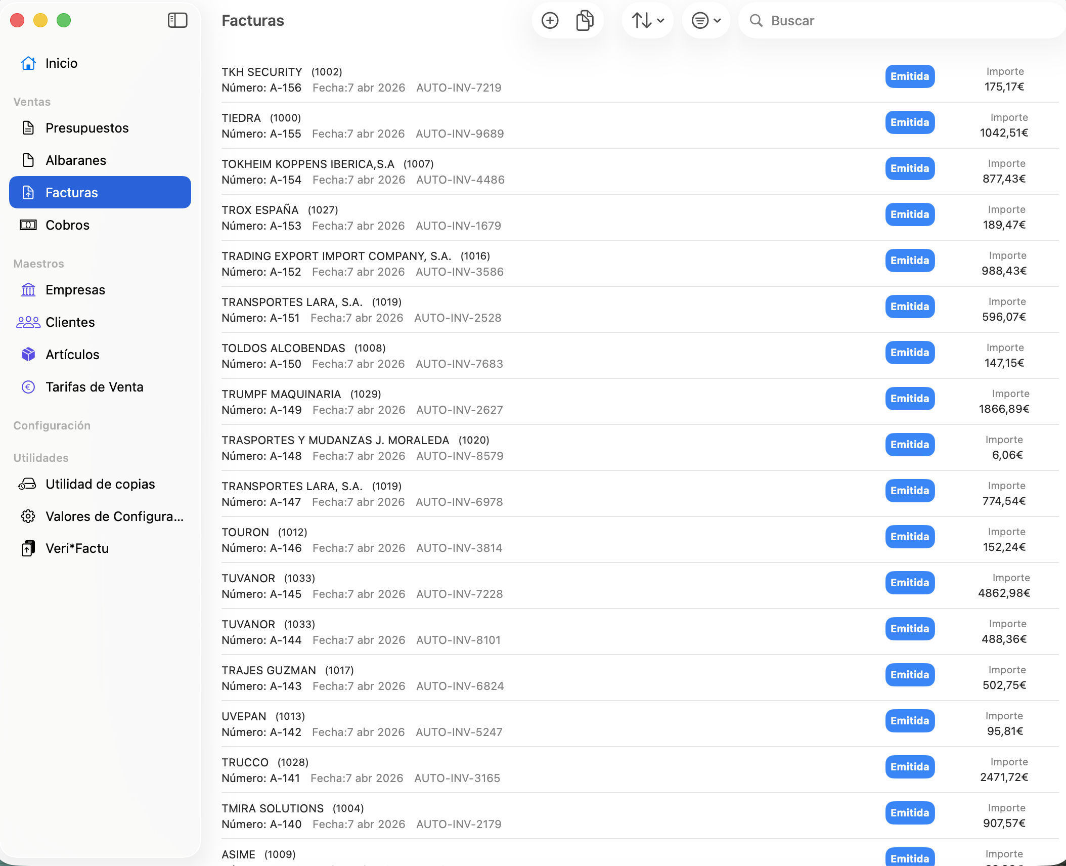 Lista de facturas emitidas en ClipFactura para Mac e iPad