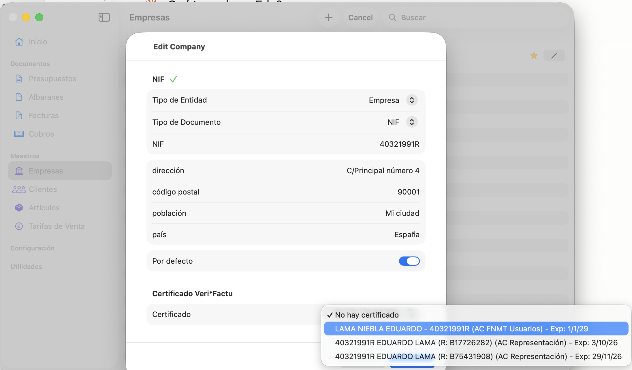 Asignar certificado digital en mantenimiento de empresas