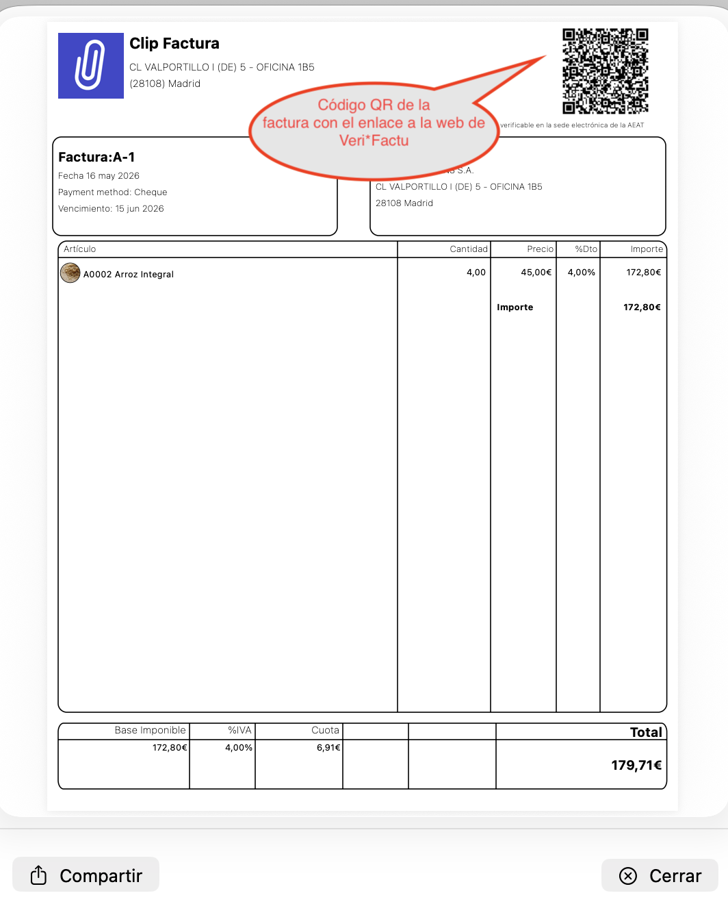 Código QR VERI*FACTU en la factura